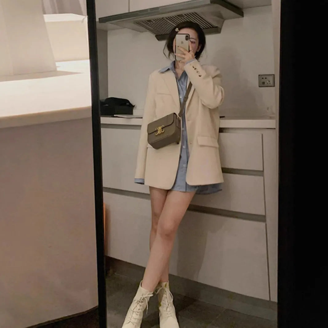 Korean street style small suit jacket in polyester with pockets, available in multiple solid colours