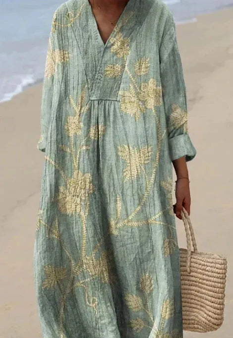 Floral 3D printed sleeve shirt dress with wide waist and long skirt in Japanese Korean casual style