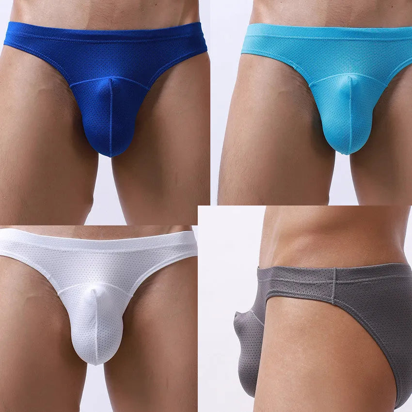 Men's transparent loose-fit nylon boxer shorts shown in white, blue, black, grey, and sky blue.