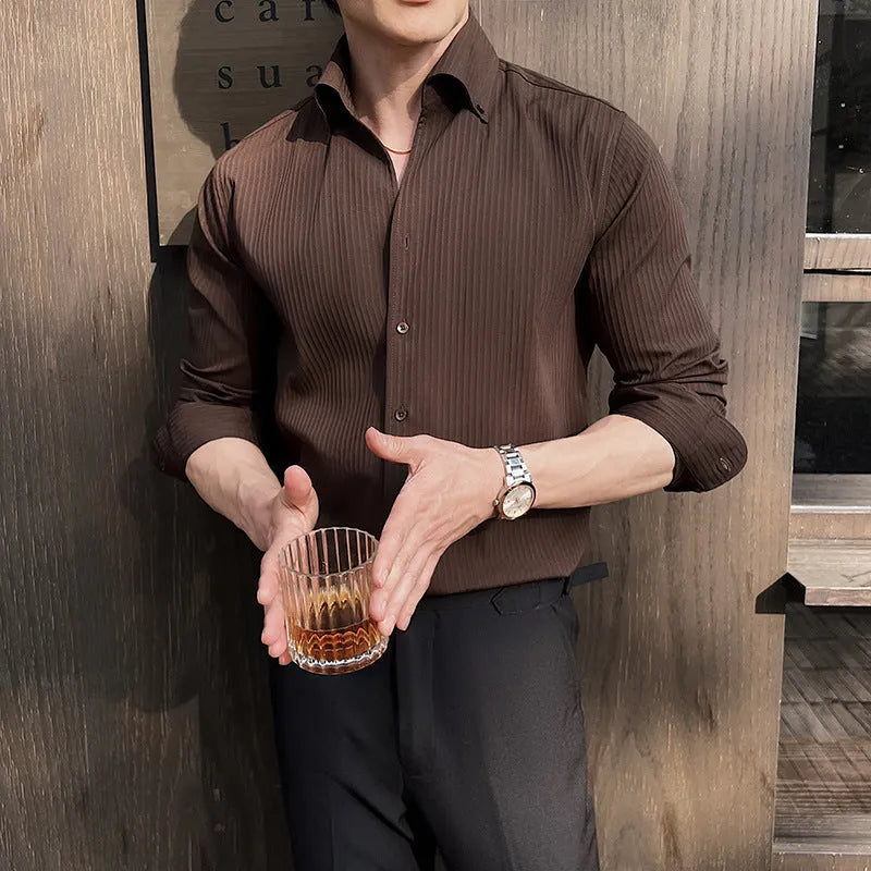 Men's dark striped V-neck long sleeve shirt in chemical fibre blend fabric