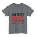 Grey women's short sleeve cotton t-shirt with a printed design, shown on a hanger.