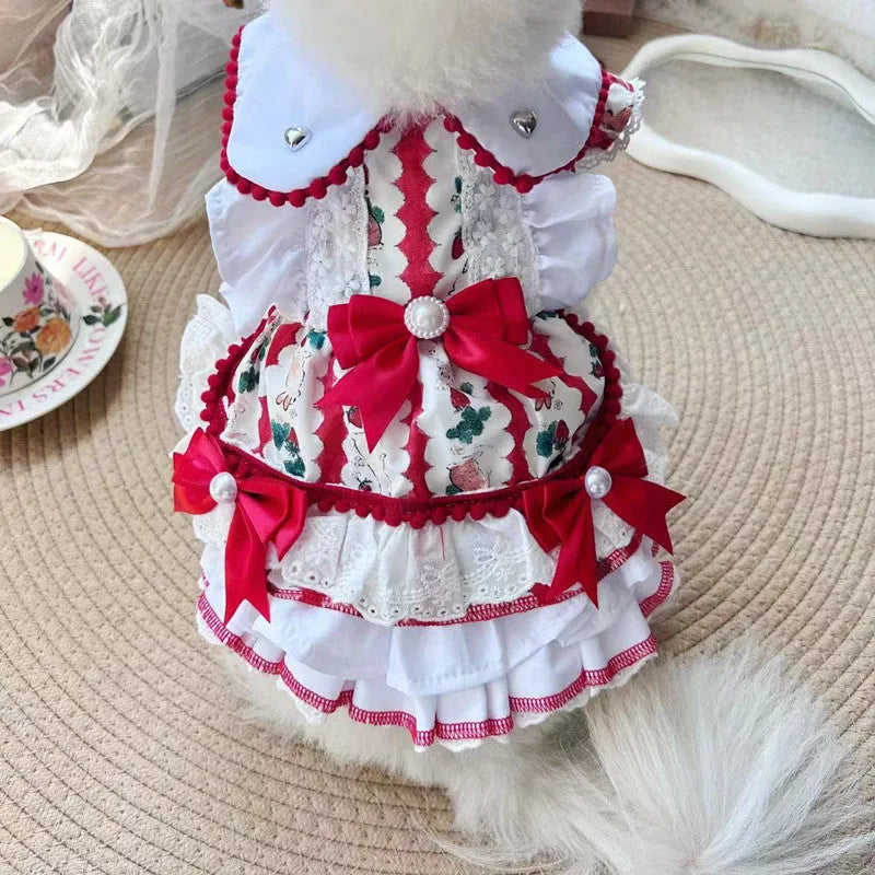 Rabbit skirt princess style dog dress on a small dog, showing the polyester fabric and skirt design.