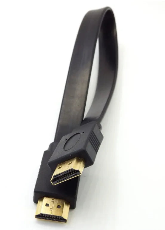 Flat black HDMI cable with male connectors, shown at various lengths from 0.3m to 10m.