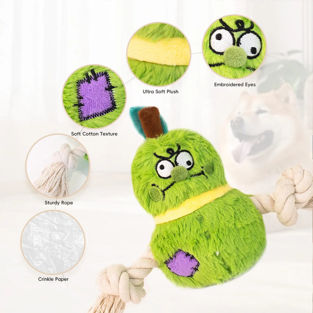 Green and purple interactive dog plush rope knot tug-of-war toy with molar teeth