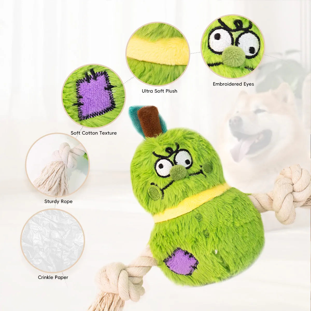Green and purple interactive dog plush rope knot tug-of-war toy with molar teeth