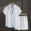 Men's white cotton-blend jacquard short sleeve shirt and shorts casual suit set