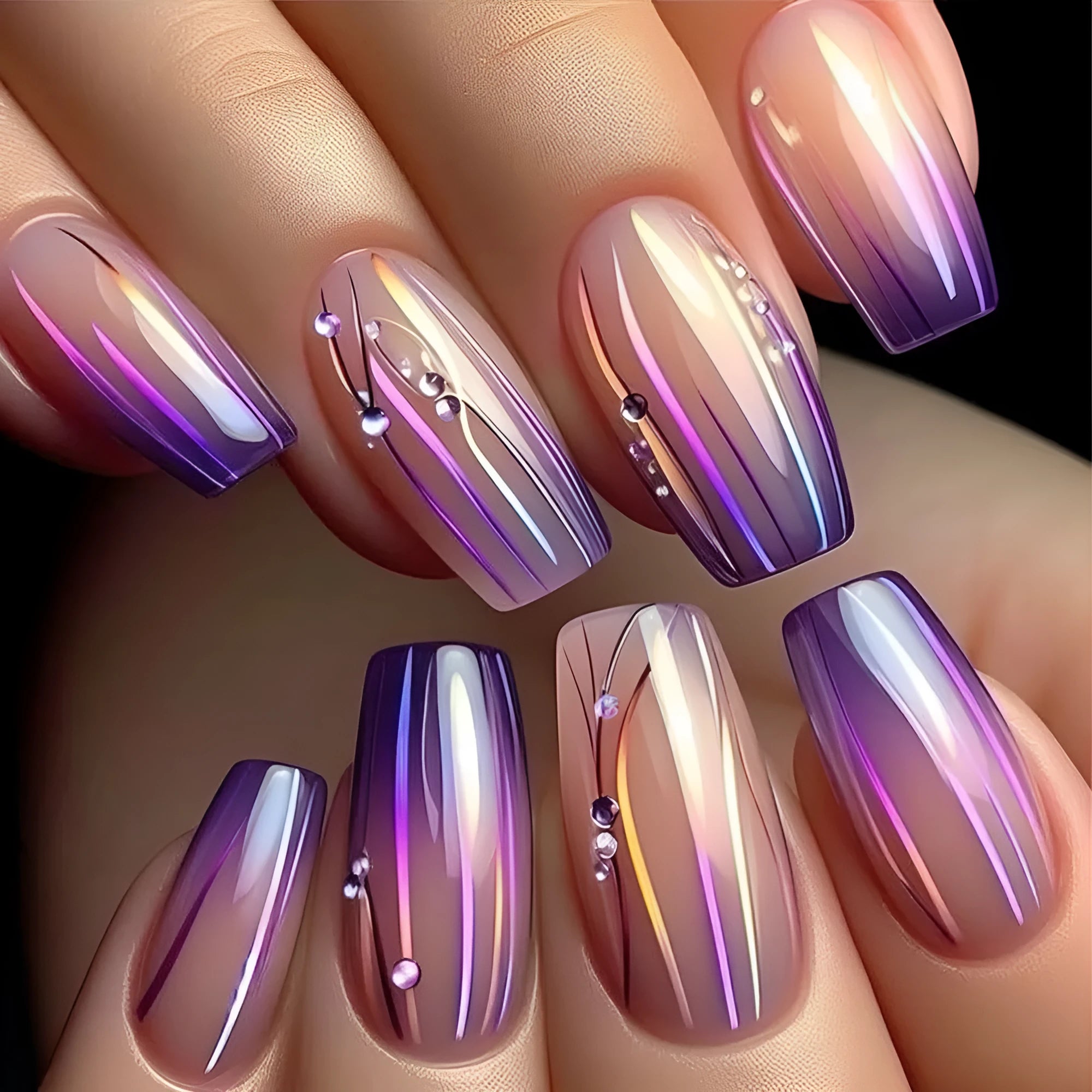 Magic purple line streamer gradient nail sticker set with starry sky pattern and jelly glue for short nails