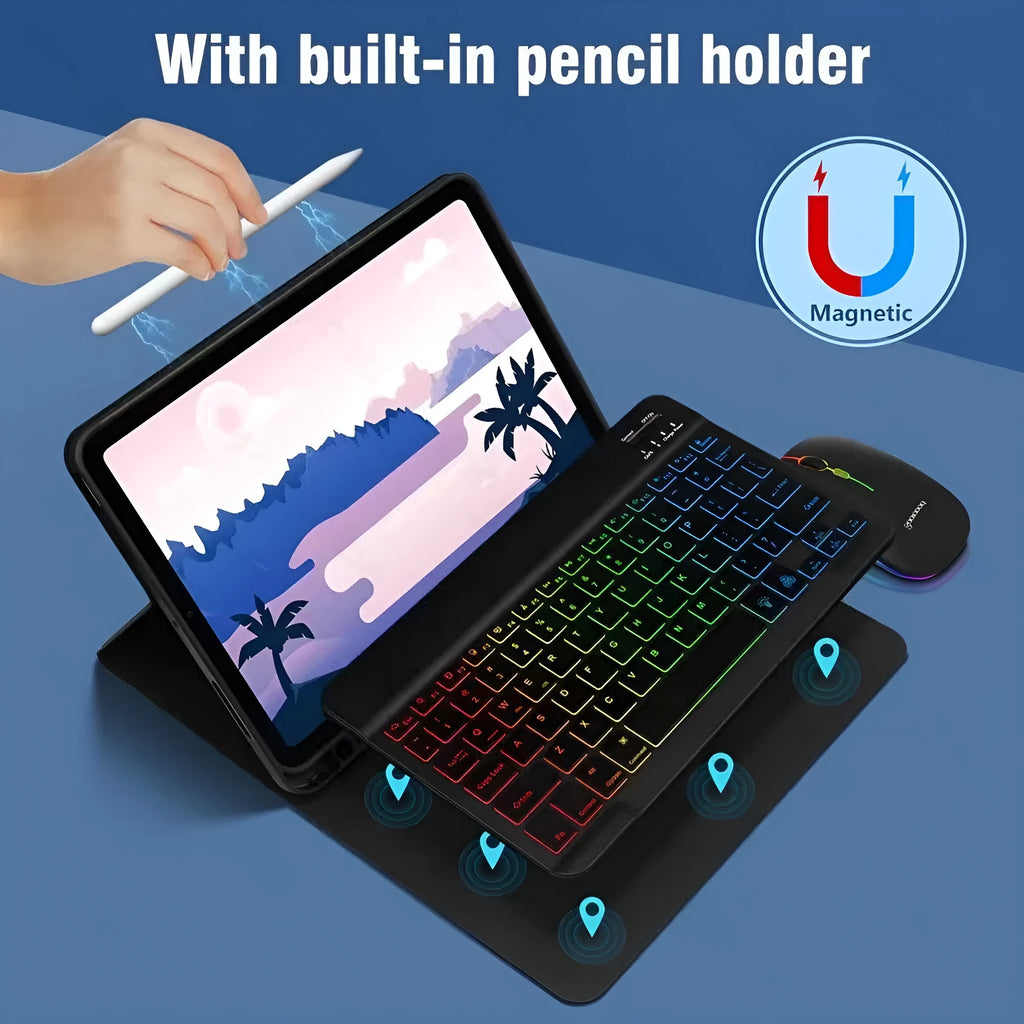iPad protective case with luminous Bluetooth keyboard and leather sheath in black, featuring RGB three-color backlighting
