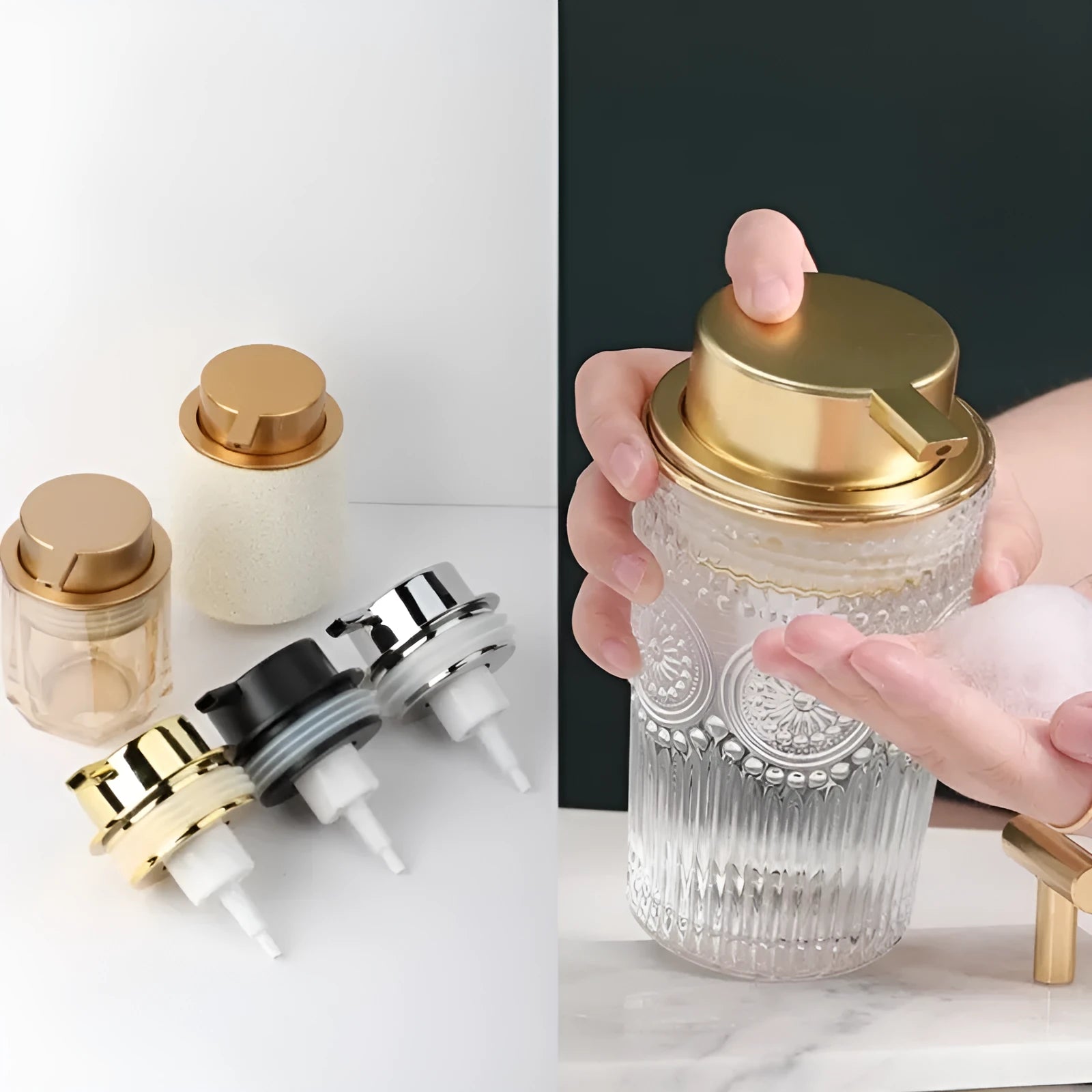 ABS plastic facial cleanser foam pump with large pump head in gold finish