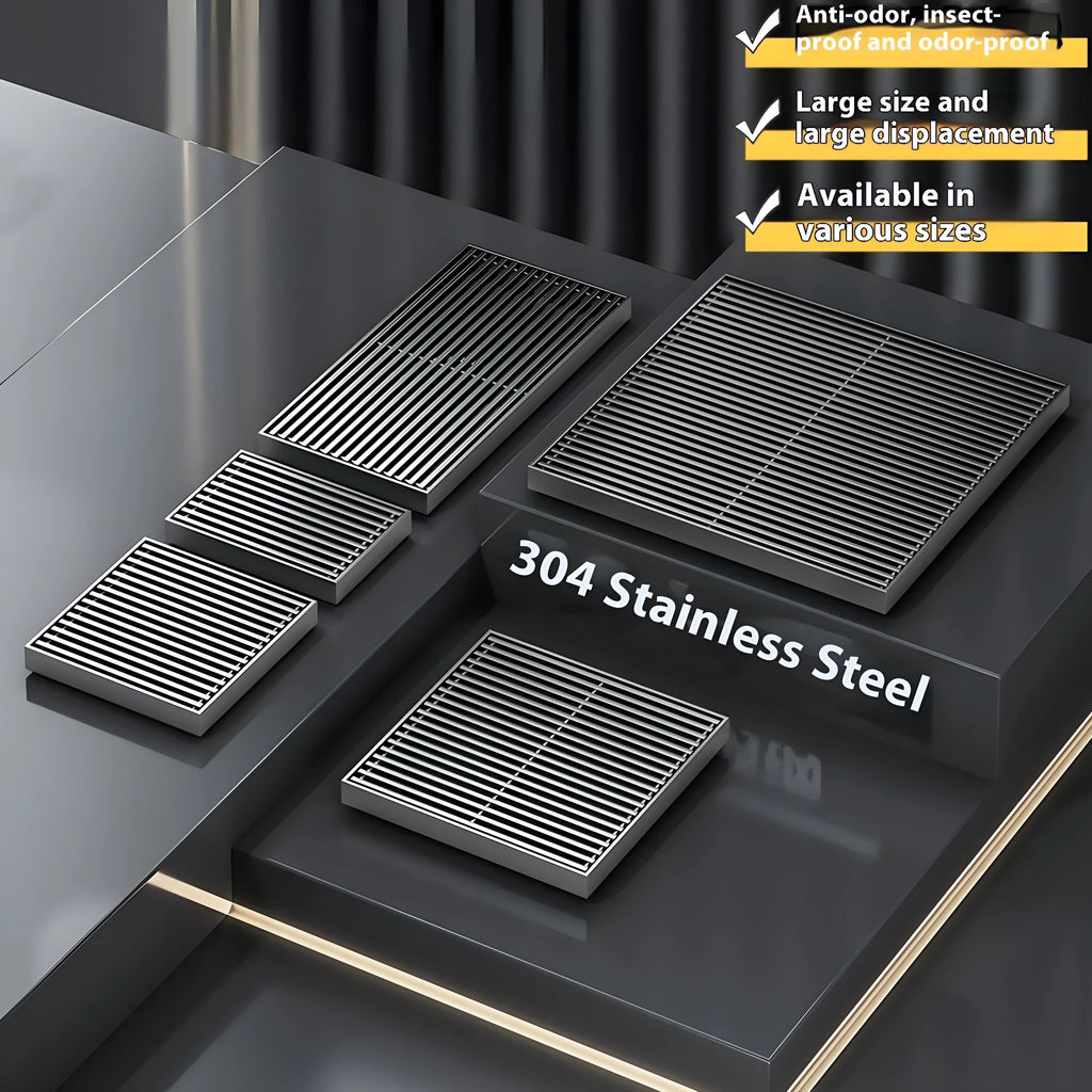 Gun grey 304 stainless steel courtyard floor drain with a 15x15cm square drain opening.