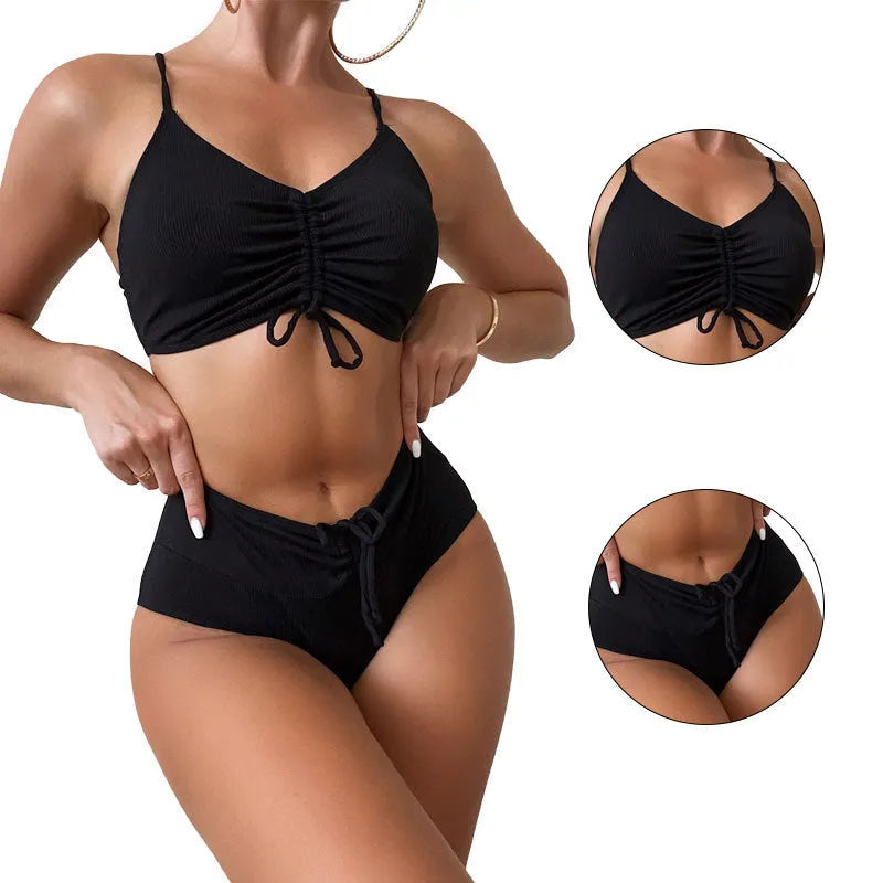 Women's black nylon sling split high waist bikini swimsuit set with top and shorts
