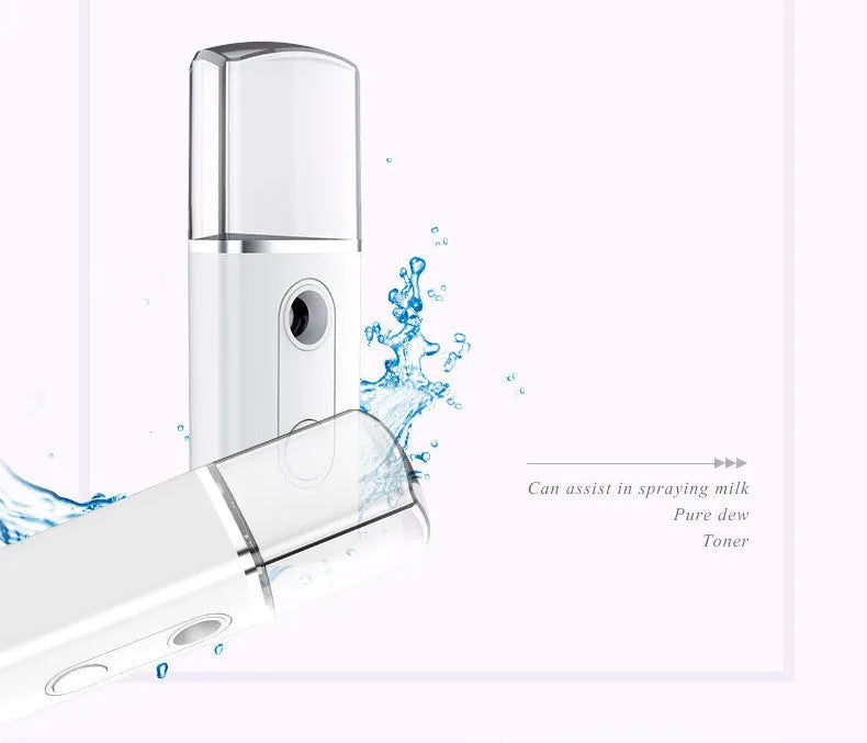 Portable facial nano mist humidifier in white, 10cm long, with 20ml water tank and USB cable