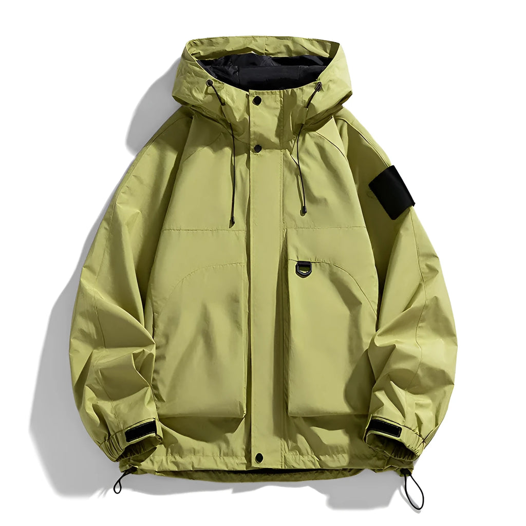 Men's black hooded waterproof windproof jacket with long sleeves, shown on a model.