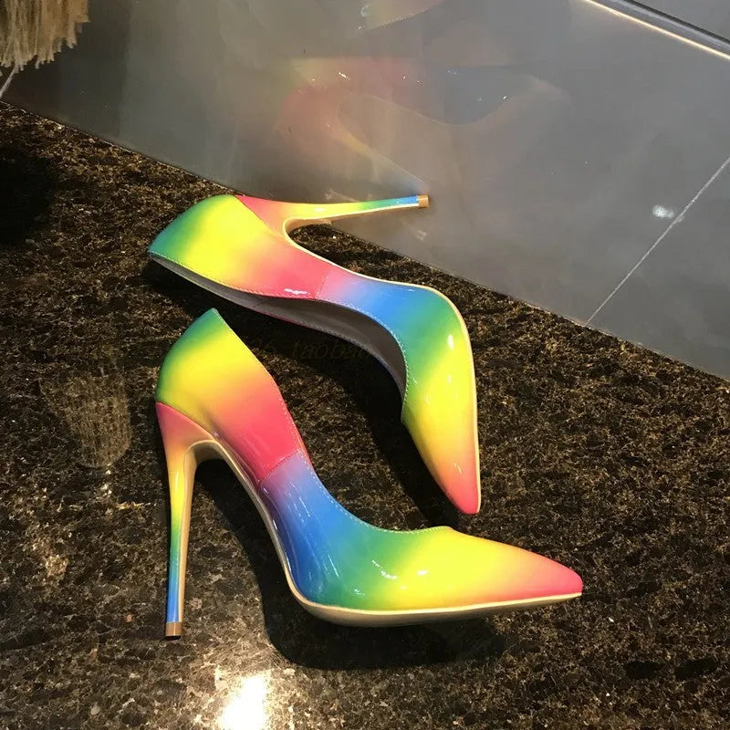 Rainbow patent leather women's ultra-high heel stilettos with pointed toe
