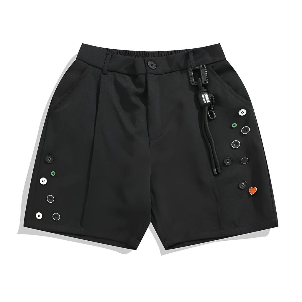 Black loose-fit men's shorts with a semi-elastic waistband and zipper fly, shown above the knee.