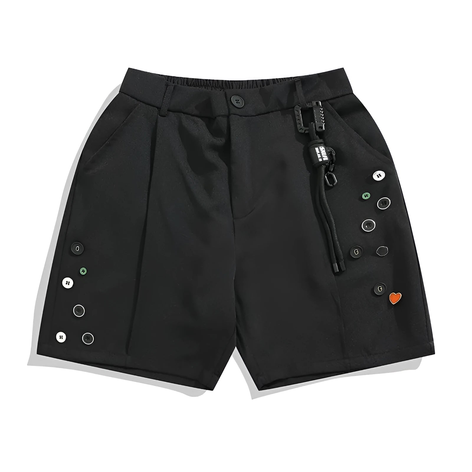 Black loose-fit men's shorts with a semi-elastic waistband and zipper fly, shown above the knee.