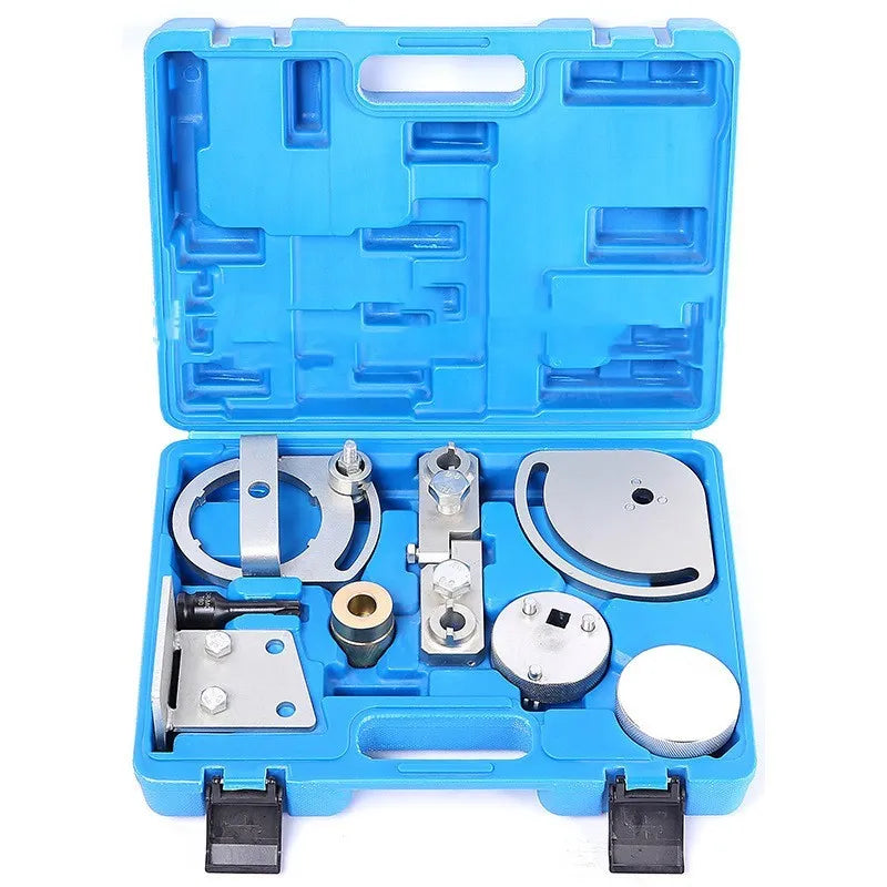 Volvo Land Rover engine timing special tool kit with eight carbon steel pieces for cylinder head alignment.