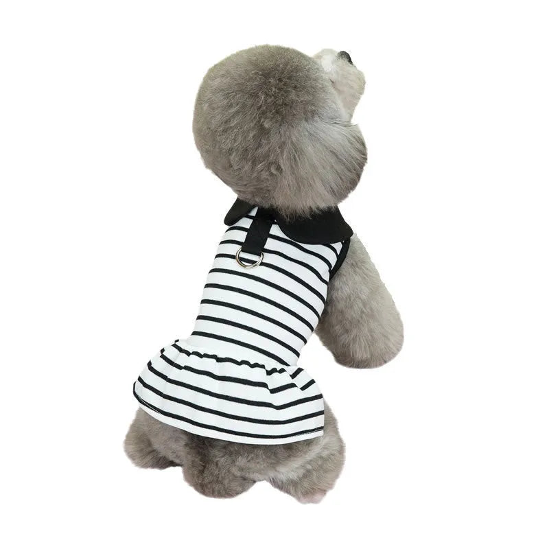 Striped cotton t-shirt and skirt set for a dog or cat on a hanger.