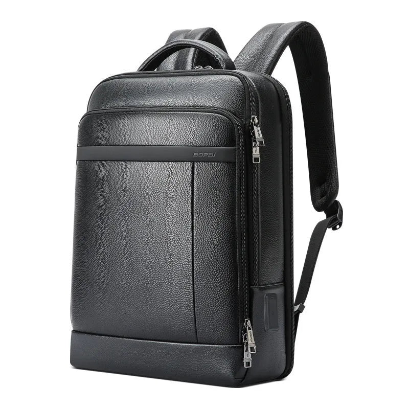 Black leather commuter backpack with USB interface and curved shoulder straps