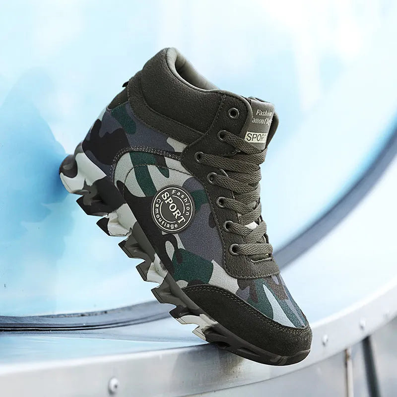 Women's green camouflage casual increased sneakers with canvas upper and rubber outsole