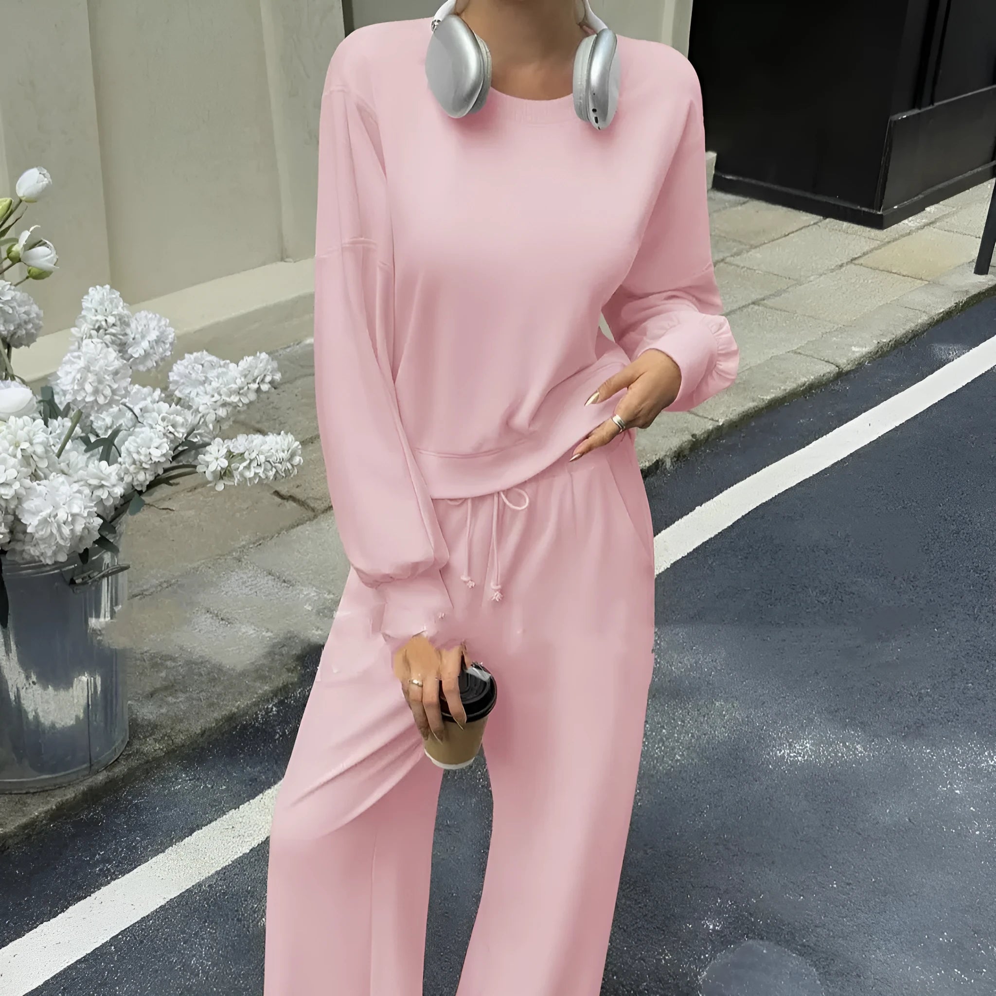 Women's solid colour street hipster two-piece set with long sleeve top and trousers