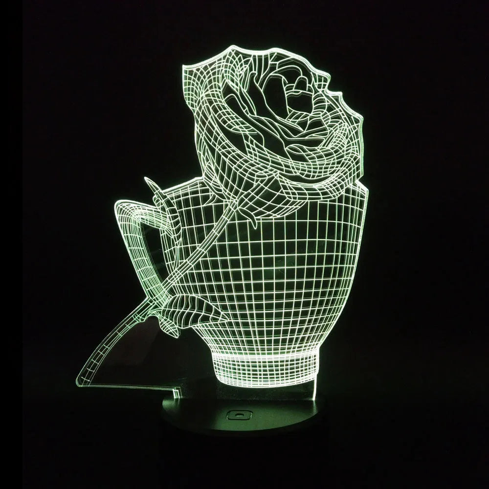 3D rose design acrylic LED night light with remote control on a black ABS base