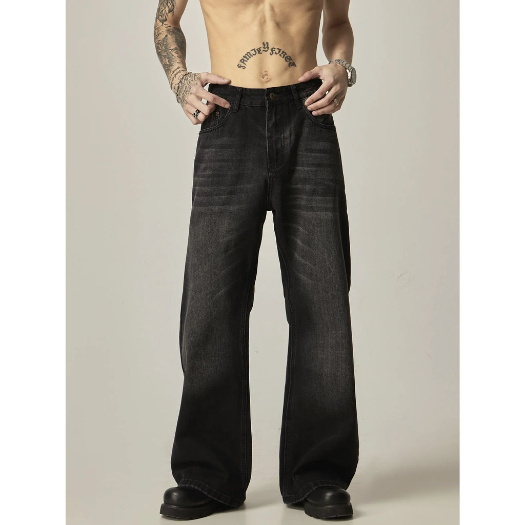 American retro black loose straight-leg jeans with zipper fly on mannequin