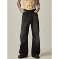 American retro black loose straight-leg jeans with zipper fly on mannequin