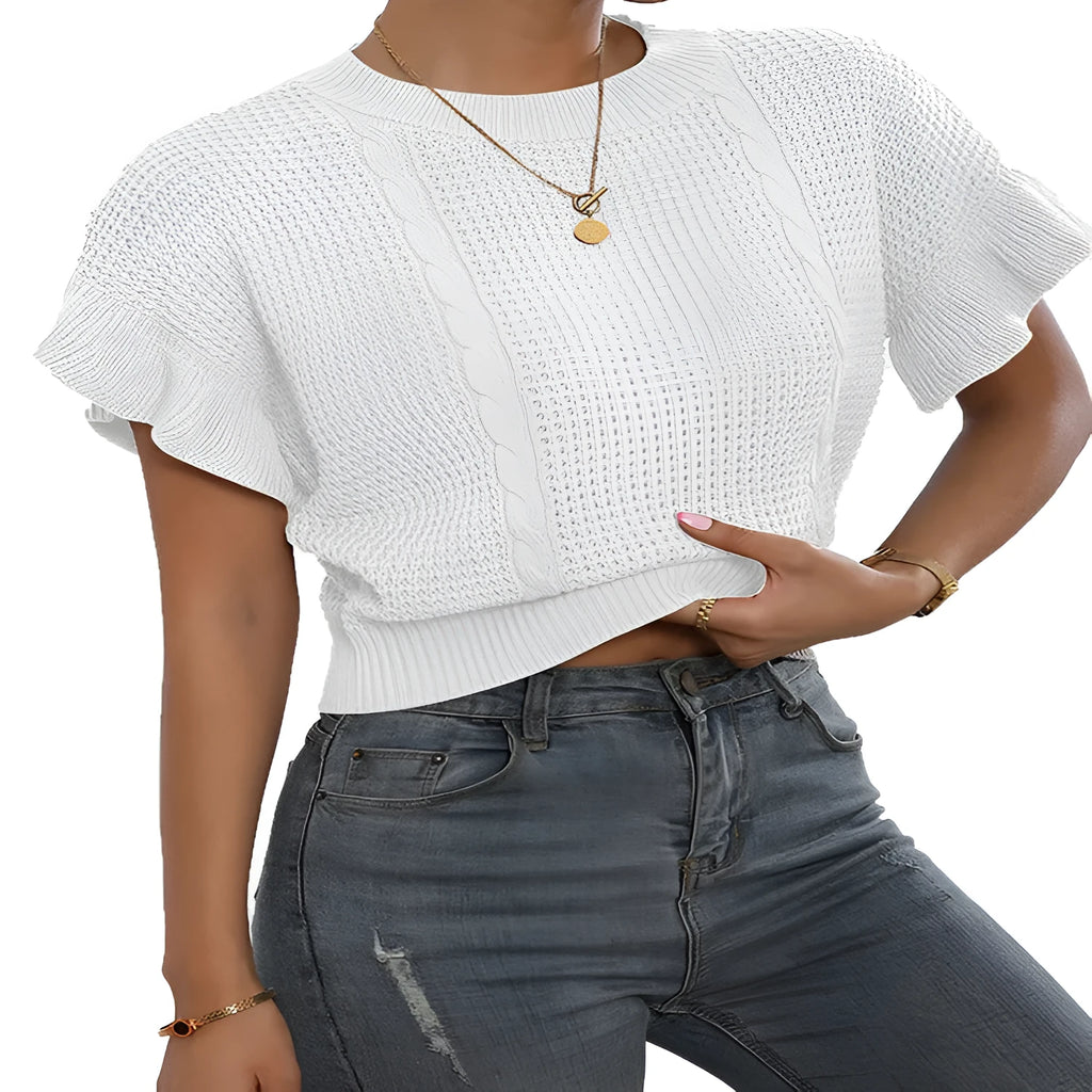 Women's knitted pullover sweater with ruffle short sleeves and twisted string detailing