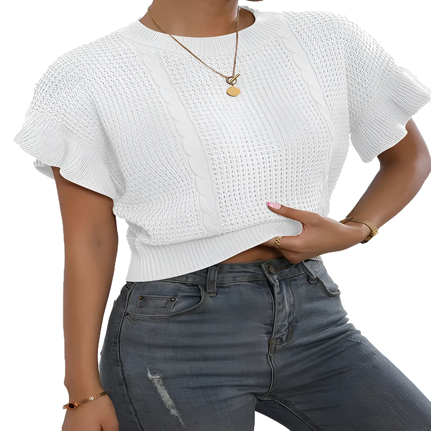 Women's knitted pullover sweater with ruffle short sleeves and twisted string detailing