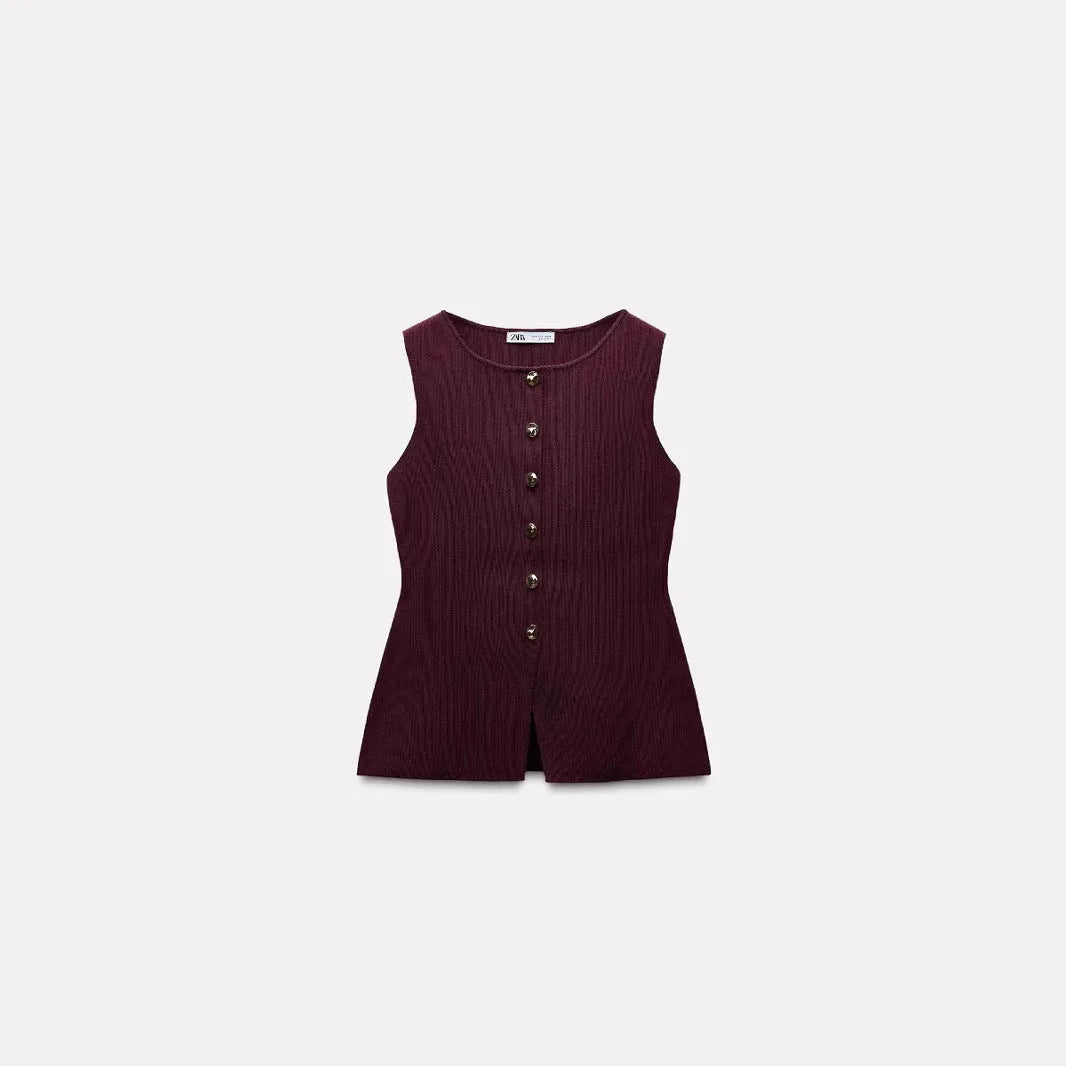 Women's dark red slim fit sweater vest with gold buttons and textured pattern.