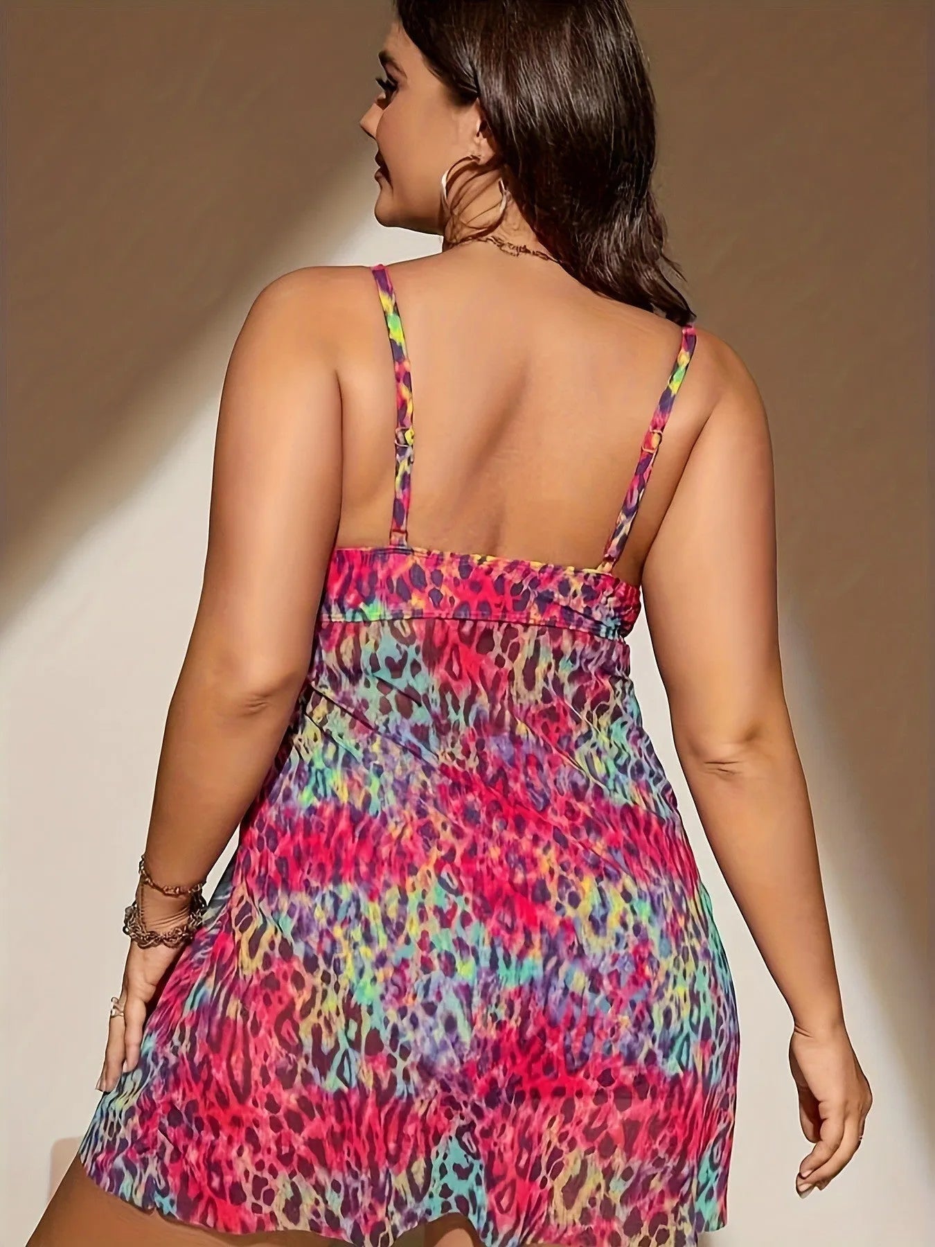 Plus size split skirt bikini set in red, rose red, blue, or purple, showing sleeveless top and shorts.