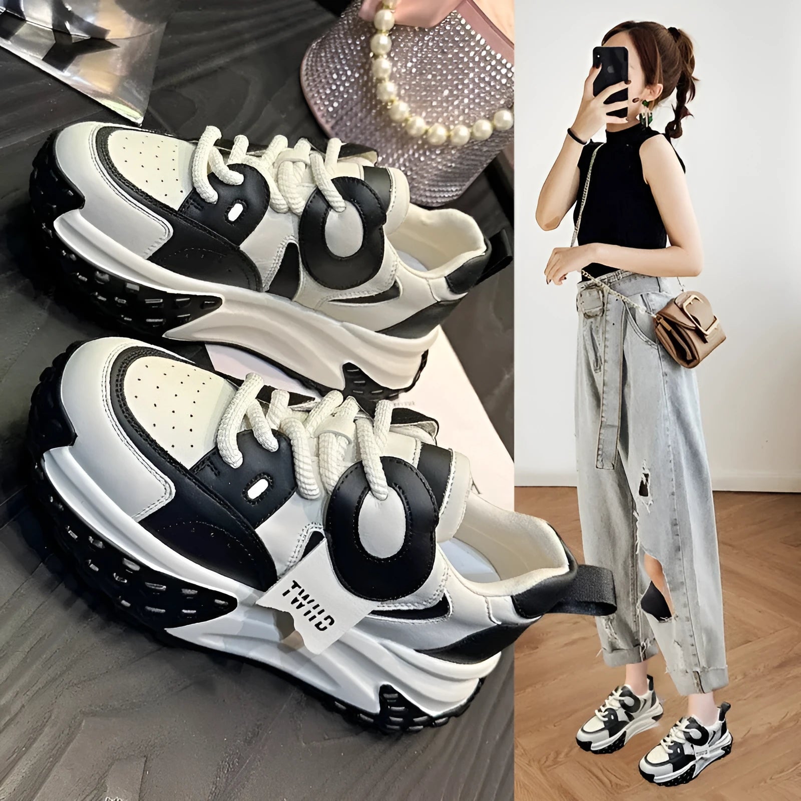 Women's leather sports casual shoes with thick wedge soles and front lace-up fastening in four colour options