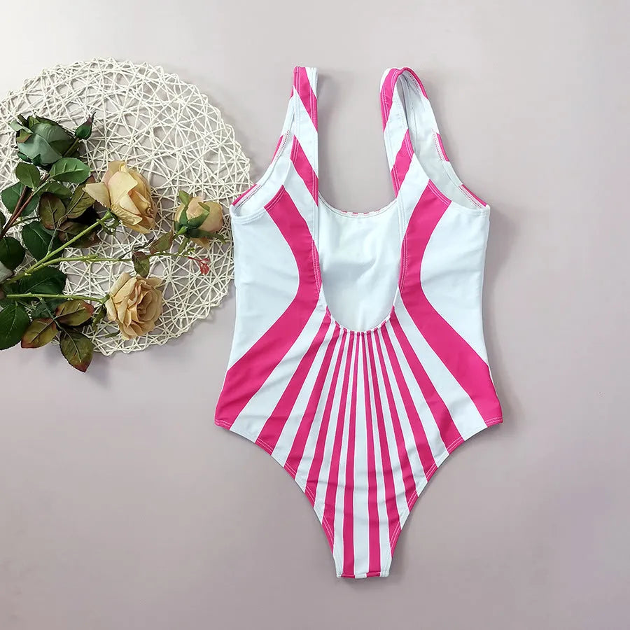 Pink striped women's one-piece swimsuit with digital printing on front and rear