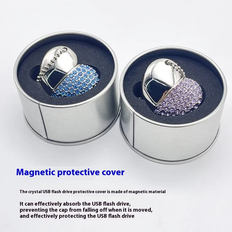 Heart-shaped brick-patterned metal USB flash drive on display in blue.