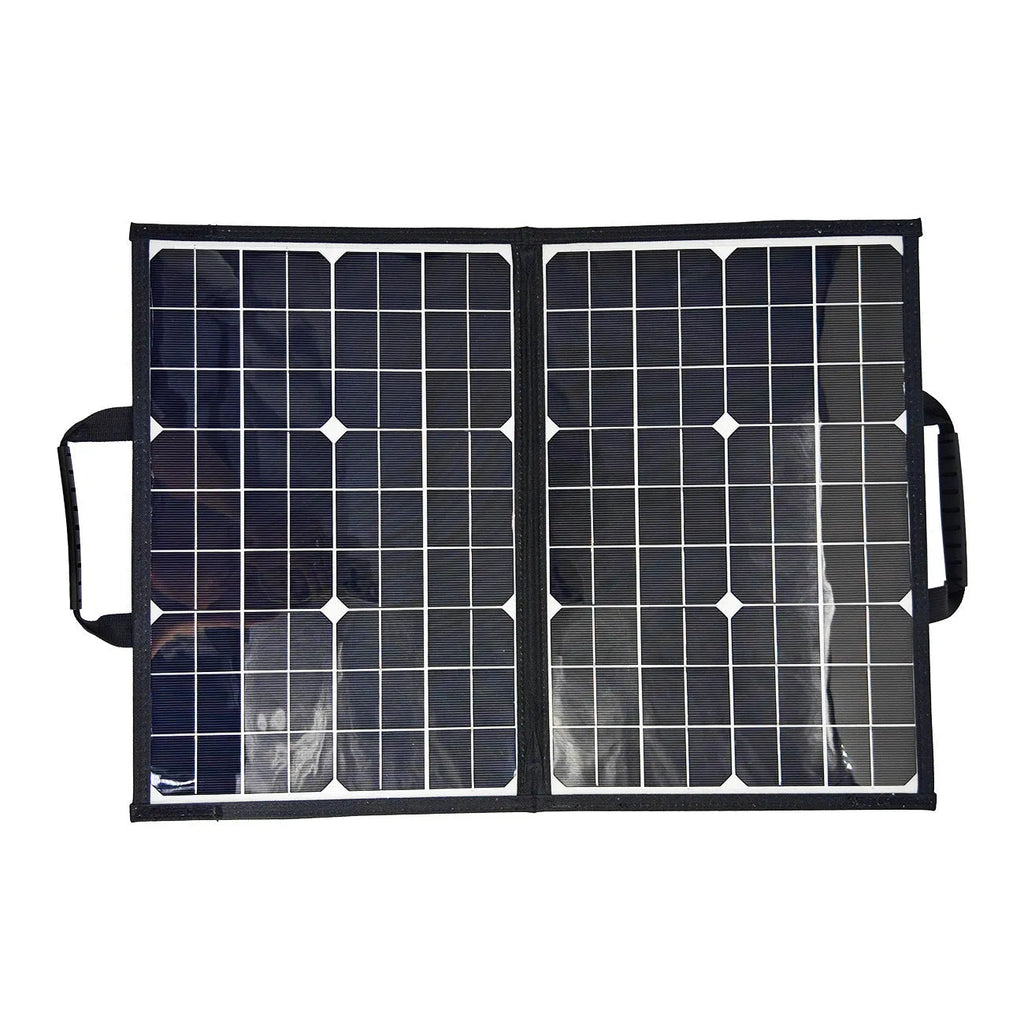 Black foldable 40W solar panel showing compact folded dimensions with protective storage bag