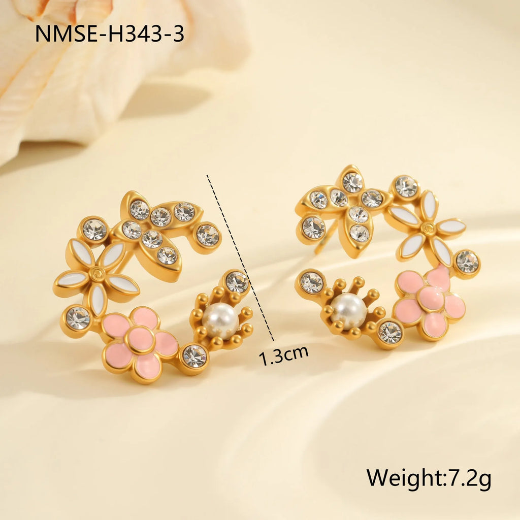 Diamond colourful oil flower stud earrings with petal design and 18K gold electroplating on stainless steel