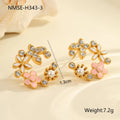 Diamond colourful oil flower stud earrings with petal design and 18K gold electroplating on stainless steel