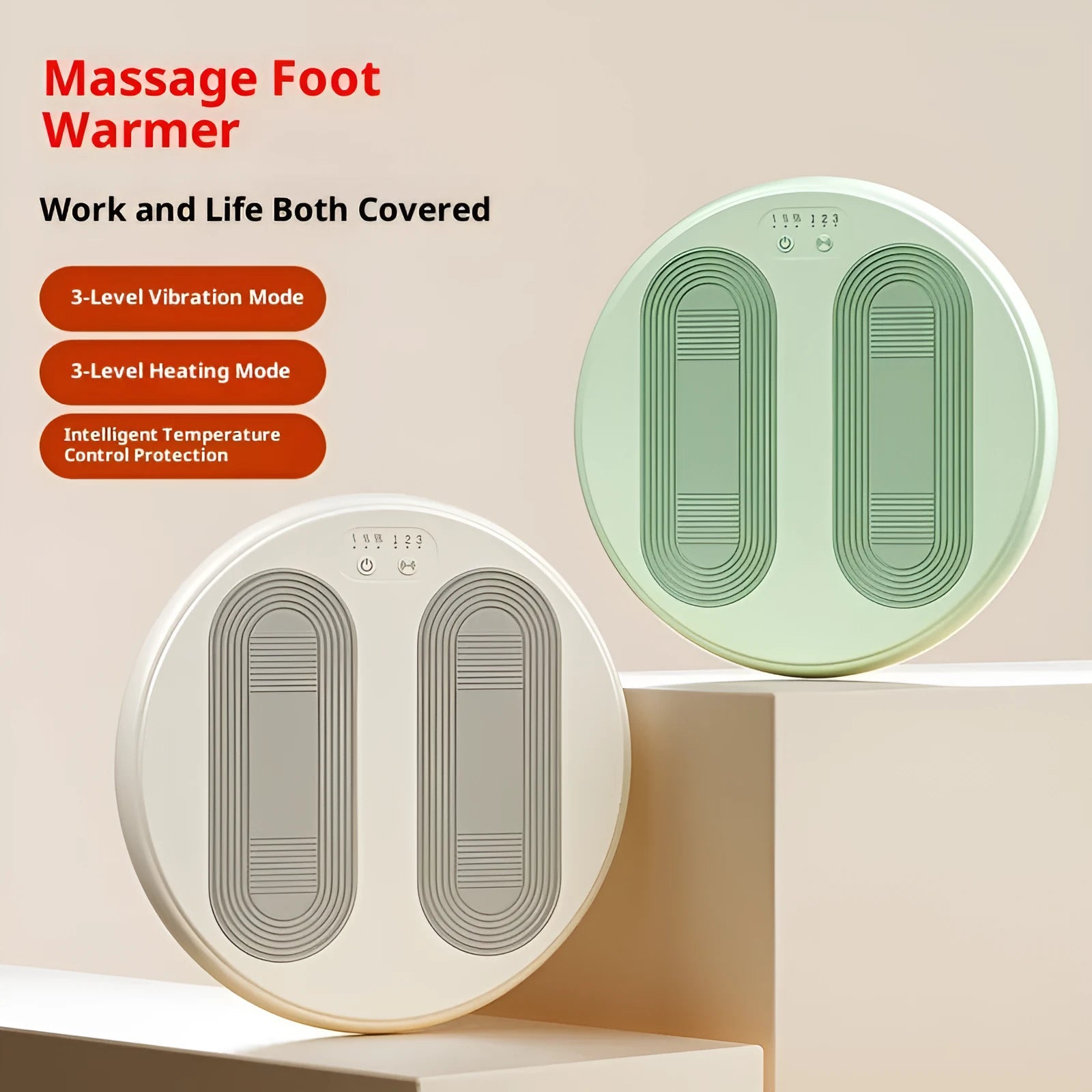 USB foot warmer massager in Beige Gray with heating pad and cable on a desk