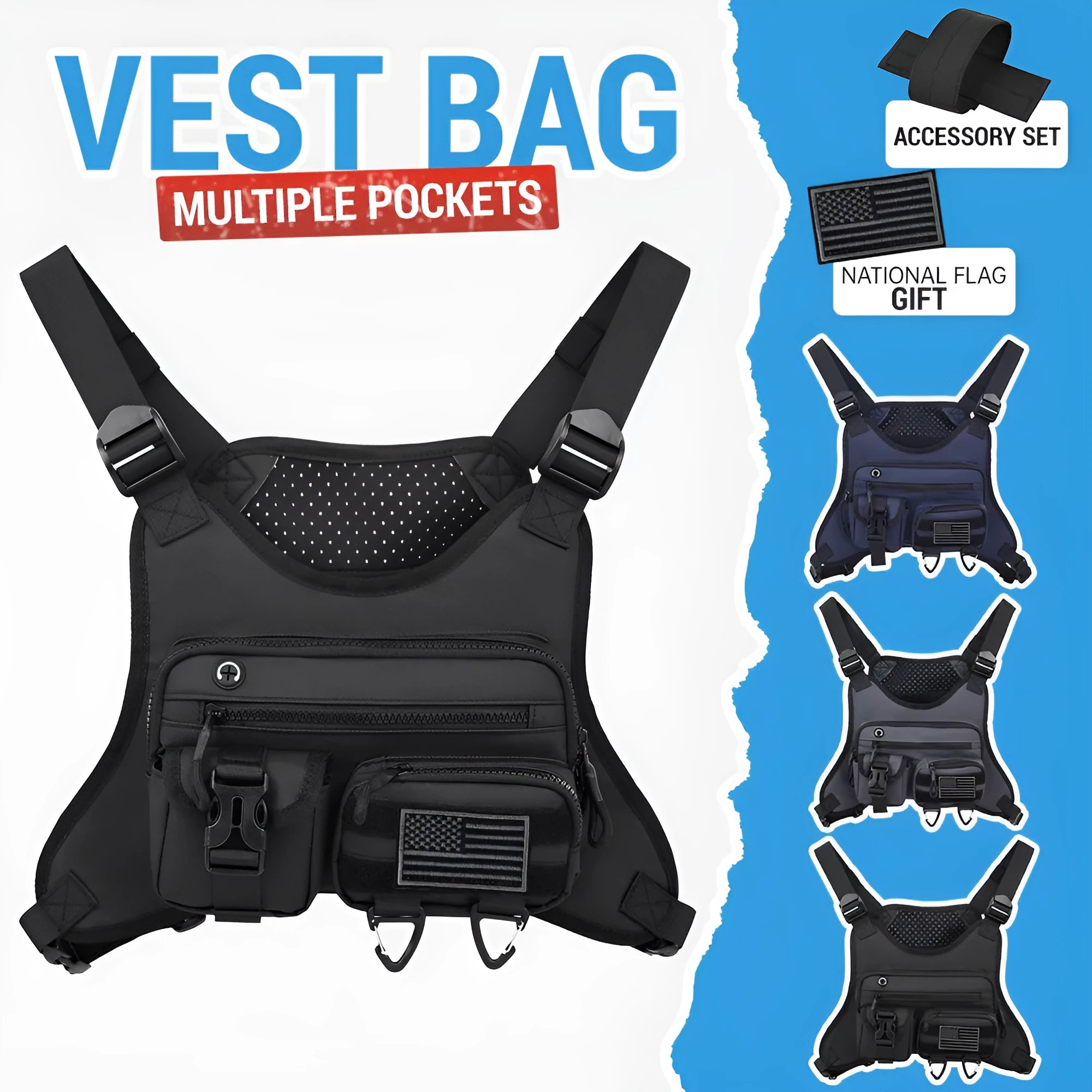 Outdoor sports chest bag breathable vest for men Oxford cloth black colour with sewing line details