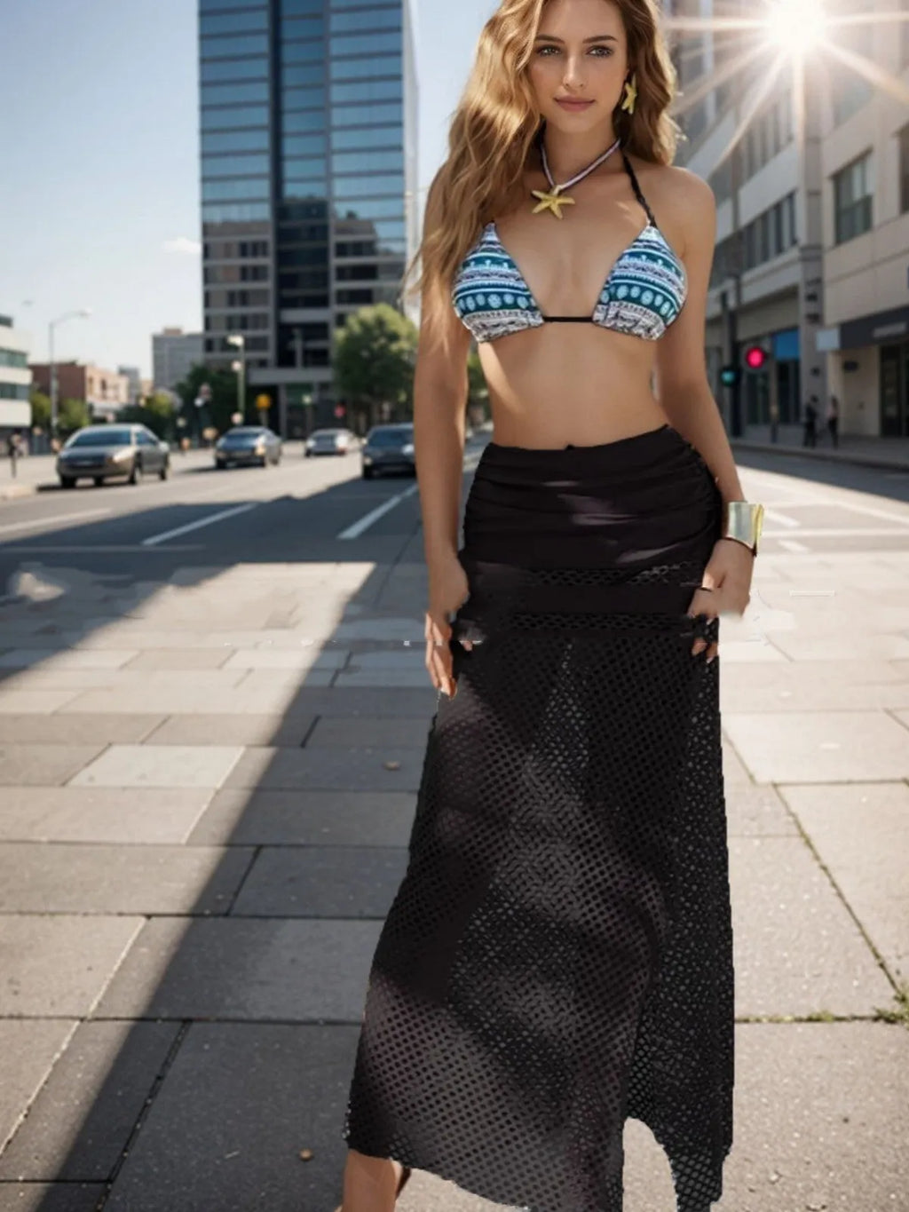 Women's three-piece bikini set with fishnet long skirt in gradient colours brown, rose pink or black