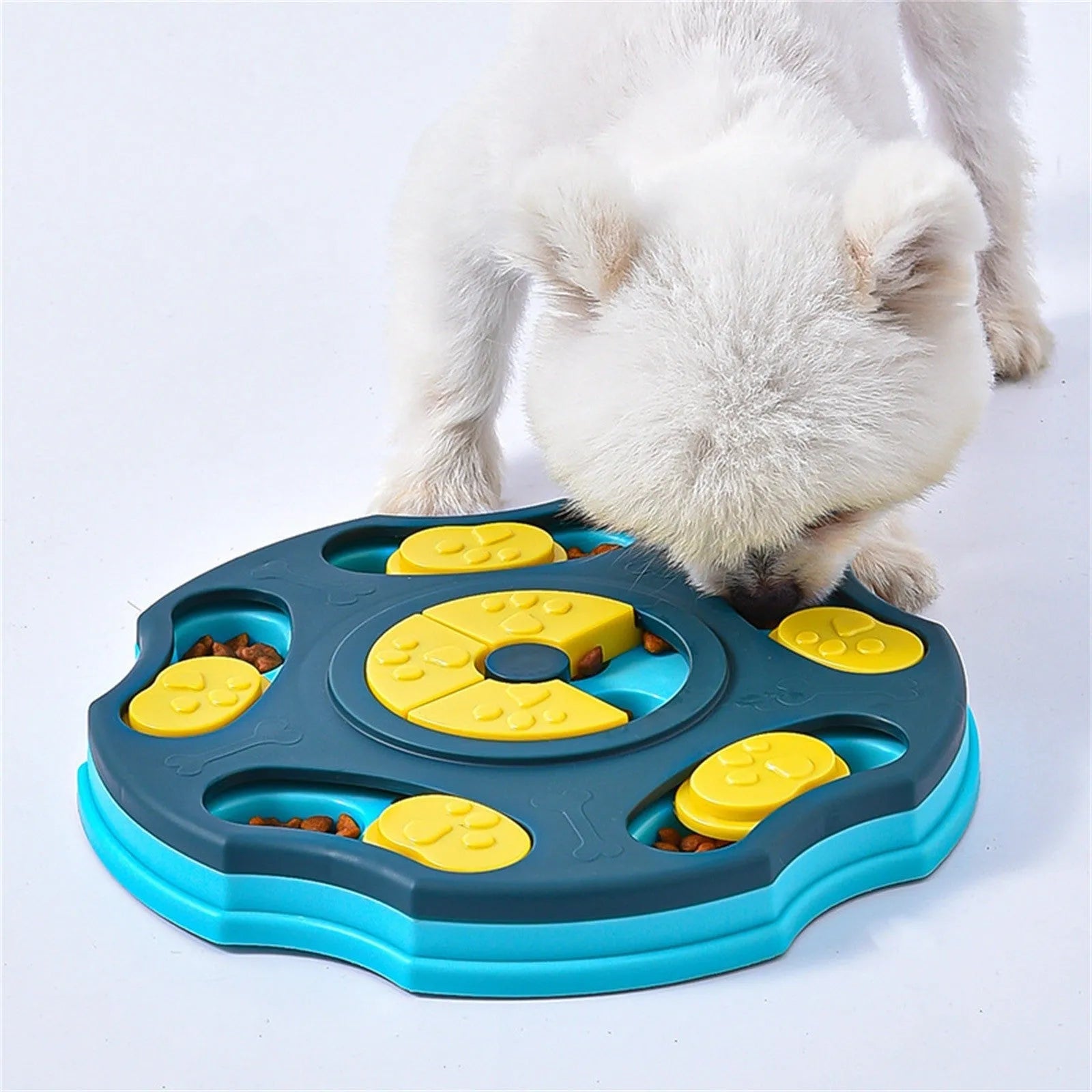 Blue durable dog puzzle feeder toy for aggressive chewers, shown as a 2-in-1 interactive food box and game.