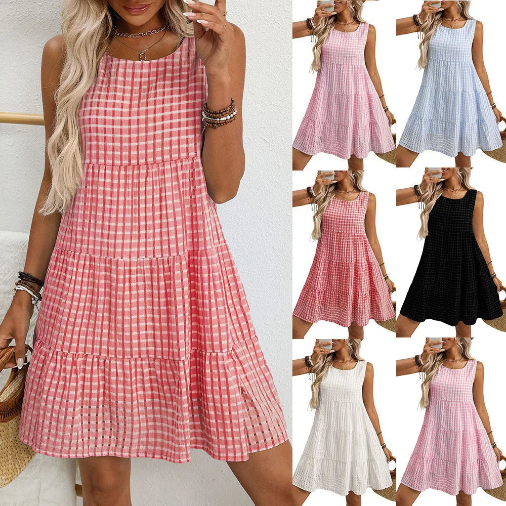 Women's sleeveless plaid dress with oversized swing skirt in light blue colour