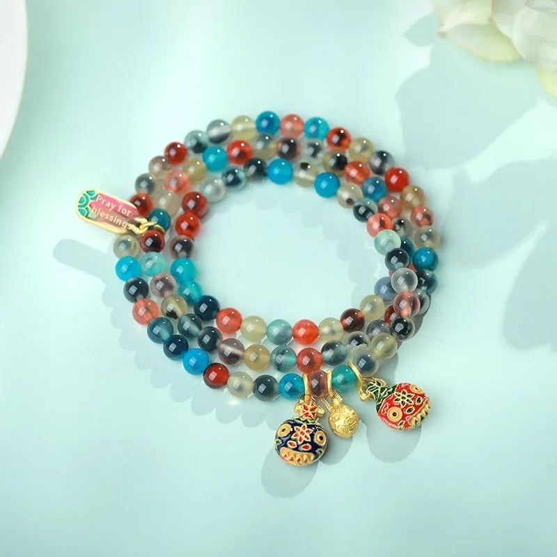 Natural agate coloured glaze copper coin snake bracelet for women, fu character style, handmade, 6mm or 8mm beads