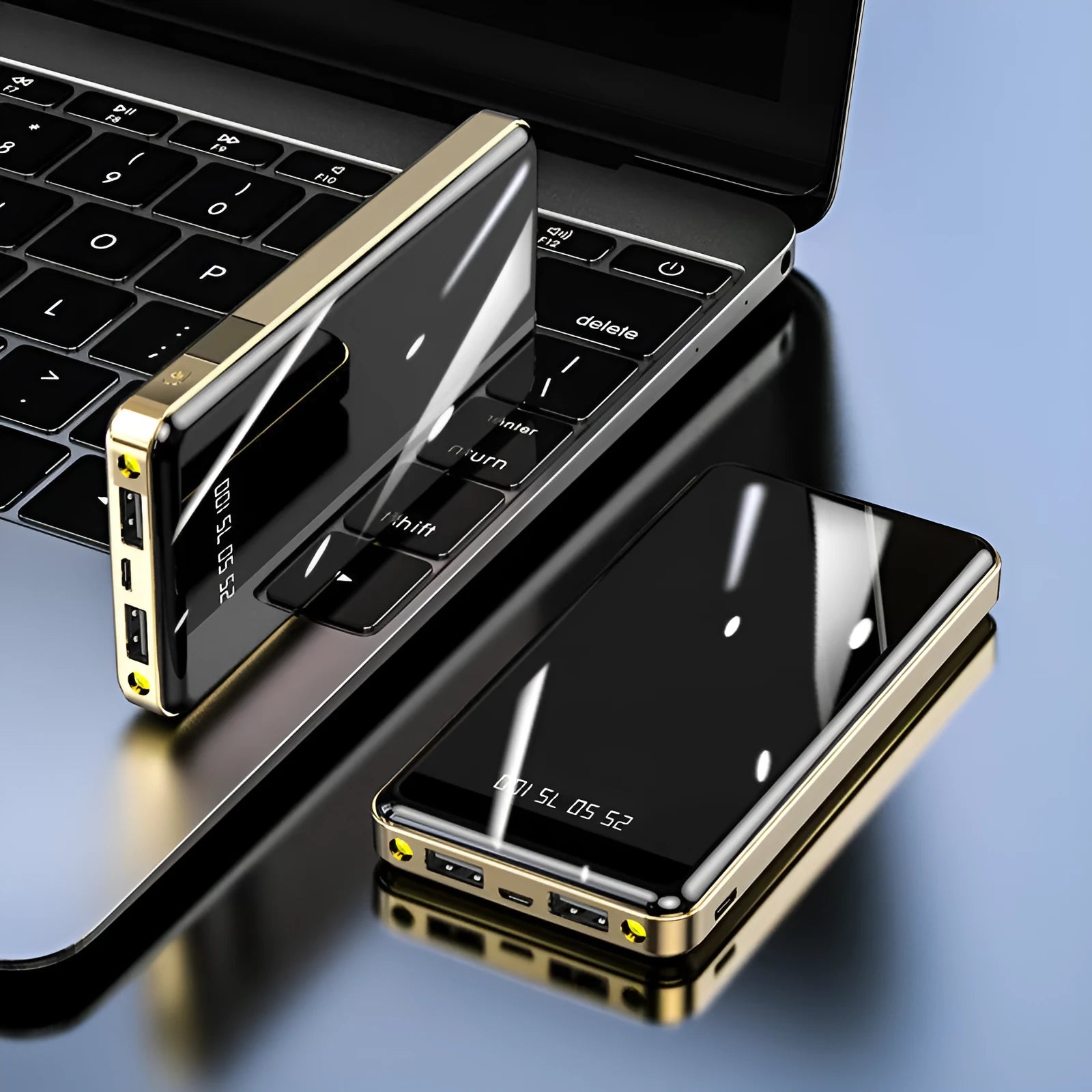 Mirror digital display large capacity power bank 20000mAh in black with USB ports and battery level screen