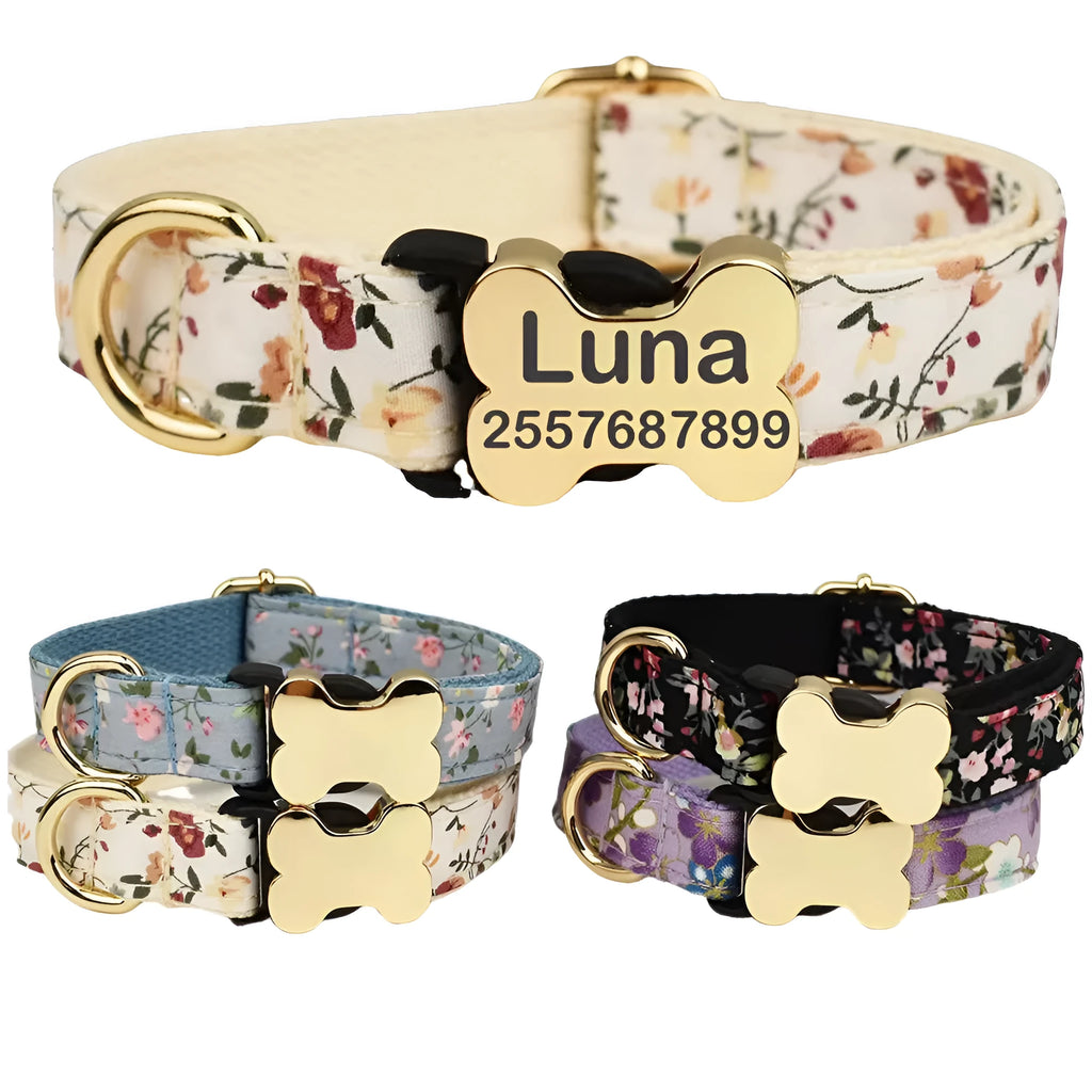 Flat nylon dog collar with a bone-shaped buckle and a printed grid pattern.