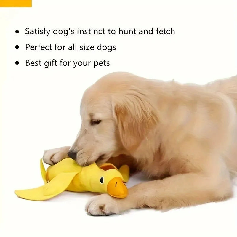 Yellow plush teddy duck dog training toy with squeaker and treat dispensing compartment.