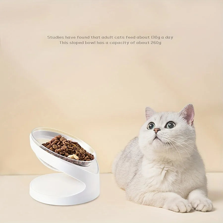Clear white elevated cat food bowl with ergonomic tilt design for neck protection