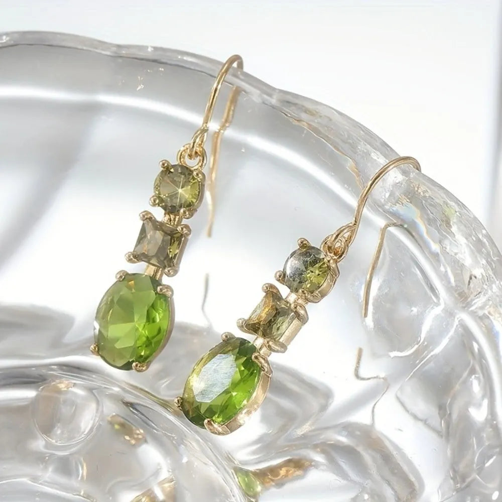 Green geometric copper drop earrings with quadrilateral design for bohemian retro style