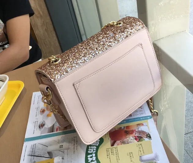 Women's small square sequined PU leather shoulder bag with lock closure, pink colour, 22x16x9cm